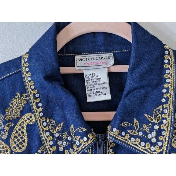 Vintage 90s Victor Costa Jean Jacket Western Sequin Denim Rodeo Dark Size S - Picture 8 of 12